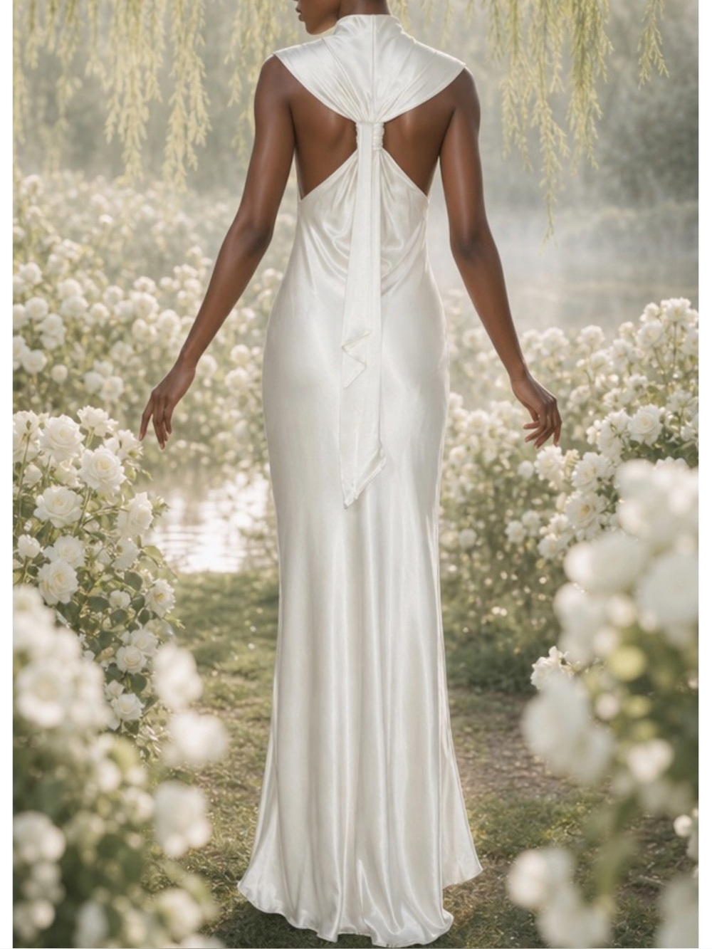BHLDN Satin Column Knot Maxi Dress, White Dahlia, XS